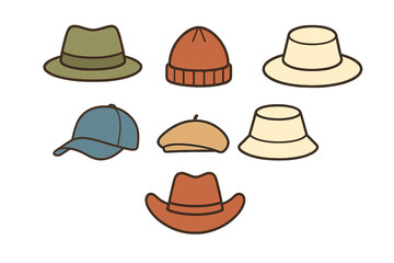 Set of fashionable headwear accessories including caps, fedoras, beanies, and berets