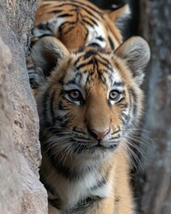 Obraz premium Adorable tiger cub peeking out from behind a rock with its mother in the background