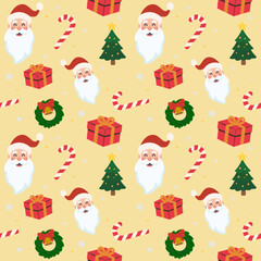 Cute Christmas Seamless Pattern Vector: Santa Claus, Gifts, Tree, Candy Cane, and Wreath. Cream Gold Flat Design for Wrapping Paper and Backgrounds.