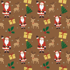 Vector Christmas Seamless Pattern: Waving Santa, Reindeer, Tree, Gifts, and Holly Leaf. Copper Brown Flat Design for Wrapping Paper and Fabric.
