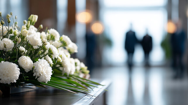 White funeral flowers arranged on a casket with mourners blurred in the background, symbolizing remembrance and mourning.