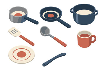 Isometric set of essential kitchen utensils and cooking equipment for home use
