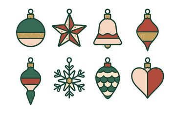 Collection of retro holiday ornaments featuring various shapes like spheres, star, bell, and snowflake