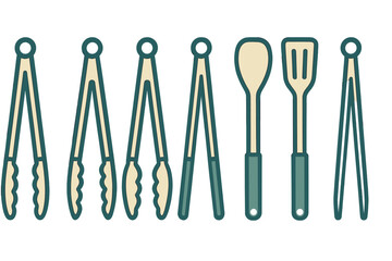 Collection of essential kitchen utensils including cooking tongs and serving spatulas