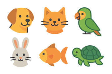 Cute cartoon set of domestic and exotic animals including dog cat parrot rabbit fish turtle