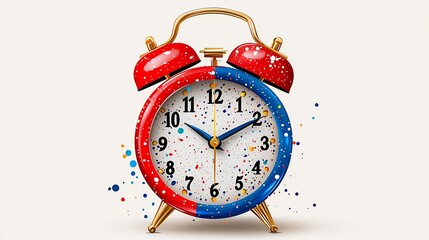 Colorful Alarm Clock with Red and Blue Design on a Light Background with Confetti
