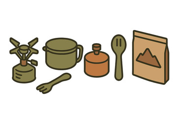 Essential camping and hiking cooking equipment set including portable stove pot fuel bottle and dehydrated meal packet