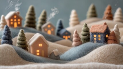 フェルトアートの冬景色、煙突から煙がのぼる暖かい家々