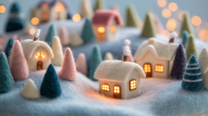 イルミネーションが輝くクリスマスの夜、フェルトのミニチュアハウス