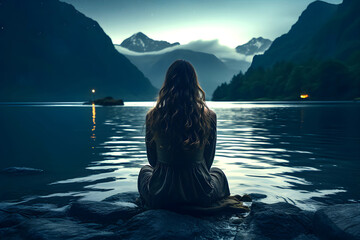 Woman gazes at tranquil water under a starry sky in a serene fjord during twilight