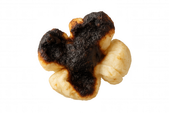 Burnt popcorn kernel showing cooking mistake, overcooked snack failure, and ruined food concept on transparent background
