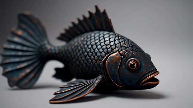 Detailed close-up of a dark, textured fish sculpture.  A stylized fish, likely bronze or metal, with intricate scales and fins. The surface appears aged with a copper patina