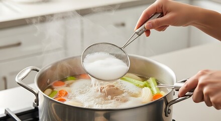 Hands straining broth from a pot