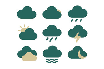 Obraz premium Modern set of weather condition icons showing clear sky, rain, lightning, fog, and night symbols