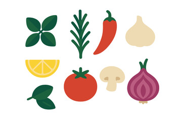 Set of fresh cooking ingredients including basil, rosemary, chili, garlic, tomato, and lemon