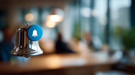 Alert notification concept (bell) faceless framing room gently defocused reminder push notifications schedules and announcements phone with bell icon with copy space