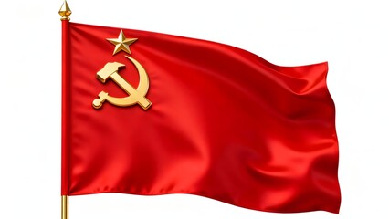 Photorealistic image of the flag of the Soviet Union with a red background and gold hammer, sickle, and star in the upper left corner. Isolated on a white background.