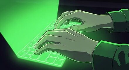 Hands typing on a glowing green keyboard in the dark