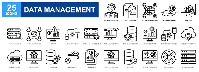 Data Management icon set collection. Containing design Data Integration, Analysis, Database Security, Complexity, Recovery 