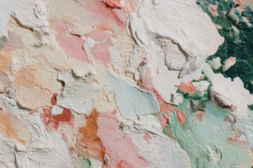 Naklejka premium A textured abstract painting displays a variety of soft pastel colors, including pinks, creams, and greens, with visible brushstrokes and impasto techniques.