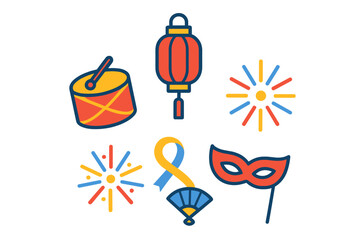Festive celebration icons set featuring drum, lantern, fireworks, mask, and fan symbols