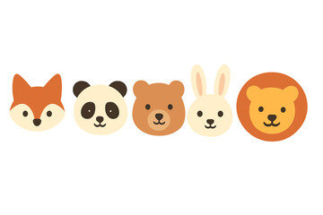 Cute cartoon animal faces set including fox panda bear rabbit and lion heads