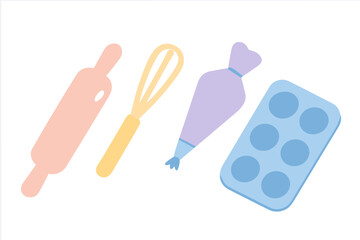 Set of pastel baking tools including rolling pin whisk piping bag and silicone mold for sweet desserts