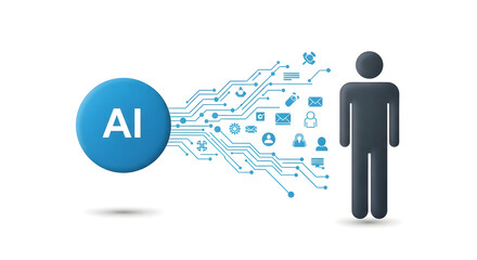 Modern AI integration with faceless businessman for future tech solutions and innovation, embodying business automation and dynamic digital transformation on isolated white background.