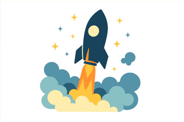 Stylized dark blue rocket ship launching into outer space with orange fire and blue smoke clouds © icon_art