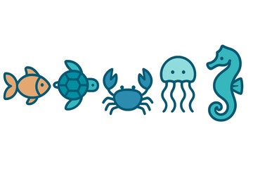 Simple outline icons set of marine life creatures including fish, sea turtle, crab, jellyfish, and seahorse