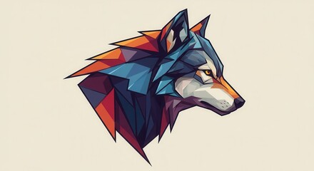 Stylized wolf head portrait showcases geometric artistry in vibrant colors.