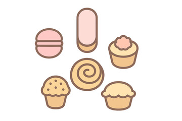 Collection of sweet baked goods and dessert icons including macarons, muffins, and pastry