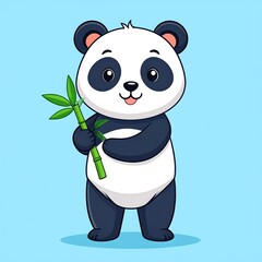 Naklejka premium Cartoon panda stands holding bamboo, set against a light blue background with a smile