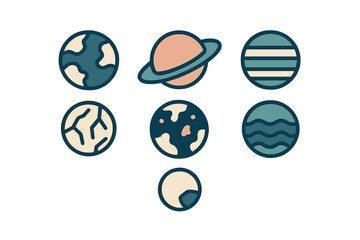 Stylized flat design space symbols and celestial bodies including Earth, Saturn, and the Moon