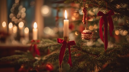 Christmas tree branch decorated with burning white candle and red ribbon in traditional festive home interior
