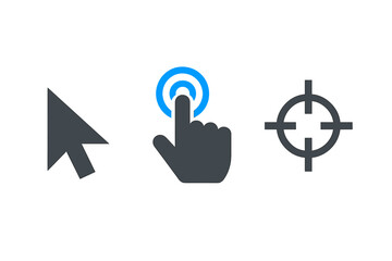 Essential user interface icons set: pointer, touch click, and crosshair symbol