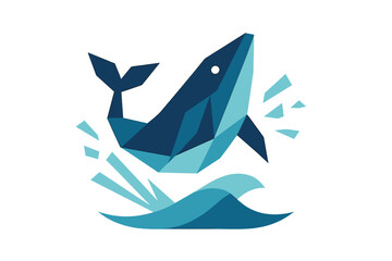 Modern geometric low poly design of a blue whale jumping out of the ocean