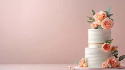 Elegant two-tier wedding cake with pink roses for a romantic celebration