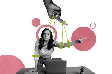 Composite trend artwork sketch image photo collage of checkered page space aged lady boss finger...