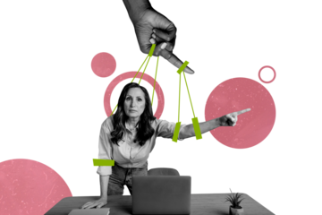 Composite trend artwork sketch image photo collage of checkered page space aged lady boss finger point manipulate control rope laptop