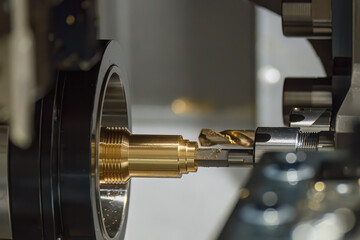 Close up scene multi-tasking CNC lathe machine swiss type hole drilling process the brass coupling parts.