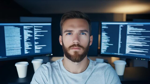Office worker staring blankly at multiple computer monitors with code reflected in tired eyes and empty coffee cups on desk