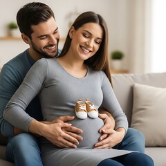 Happy couple embracing pregnant woman