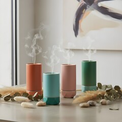 Colorful Diffusers Emitting Scented Mist in a Modern Home Setting