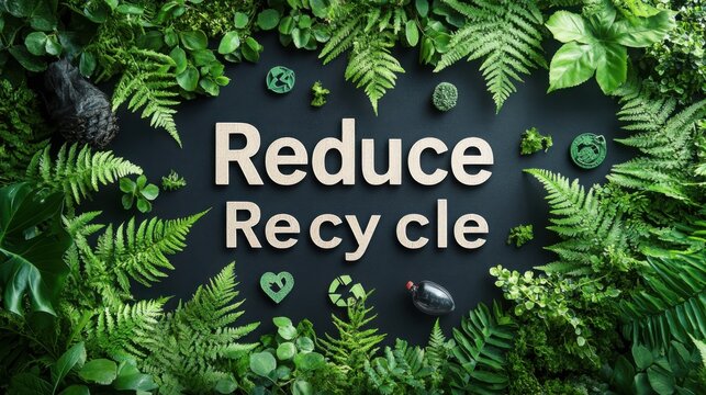 Reduce recycle text amidst lush green foliage and symbols - Powered by Adobe