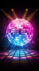 Disco ball sparkles on illuminated dance floor with spotlight effects.