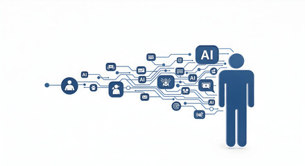 Modern AI integration with faceless businessman for future tech solutions and innovation, embodying business automation and dynamic digital transformation on isolated white background.