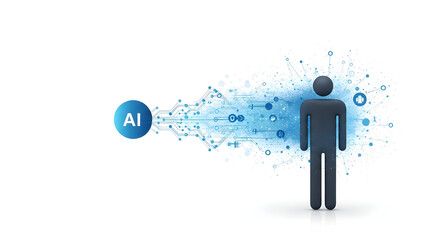 Modern AI integration with faceless businessman for future tech solutions and innovation, embodying business automation and dynamic digital transformation on isolated white background.