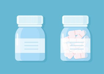 Bottles with pills. A closed transparent bottle filled with medications, with a label mockup, and an empty plastic tube with a lid. Design elements for medications, vitamins, and pharmaceuticals.