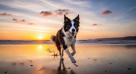 Happy dog running on a beach at sunset
